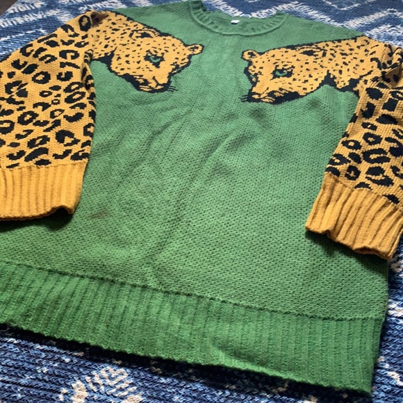 Leopard Sleeve Forest Green Sweater - Picture 3 of 5